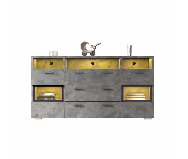 Aparador moderno 140 cm - com iluminação led, 2 portas, 3 gavetas, portas em acrílico - gris