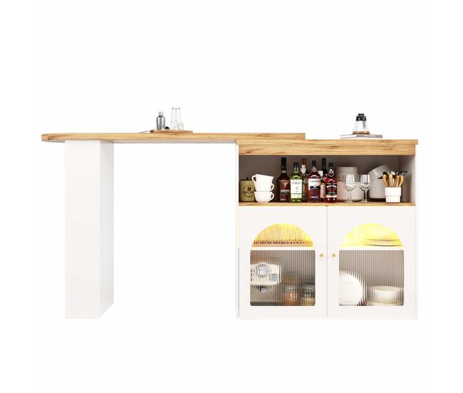 Aparador, móvel de bar giratório e retrátil com led - grande espaço de arrumação - estilo contemporâneo - branco