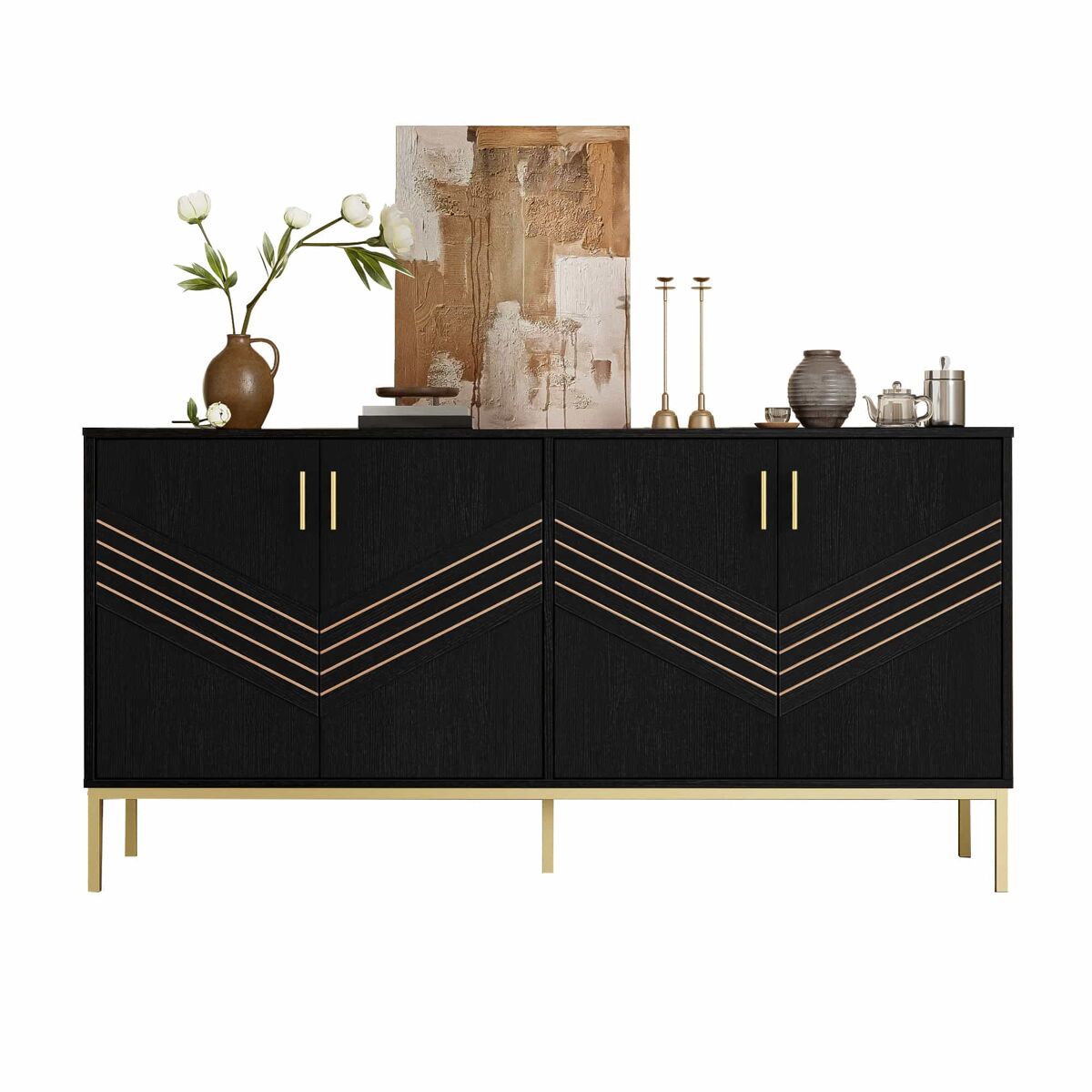 Aparador moderno - com 4 portas, prateleiras ajustáveis e grande capacidade, design elegante em mdf com pés metálicos - preto e dourado