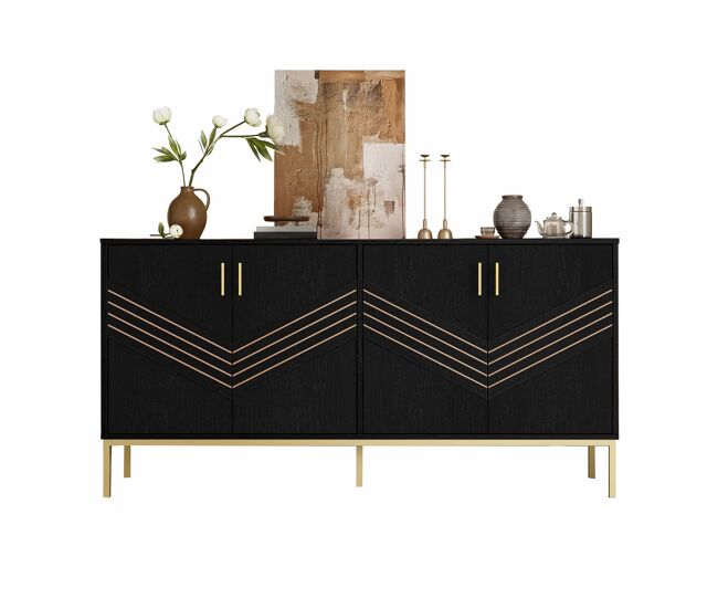 Aparador moderno - com 4 portas, prateleiras ajustáveis e grande capacidade, design elegante em mdf com pés metálicos - preto e dourado