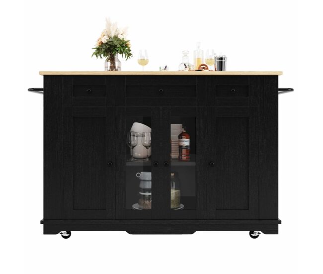 Ilha de cozinha - com painéis removíveis - com armário e bancada - cor preto + natural
