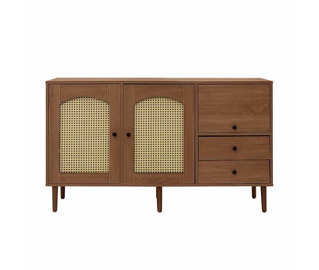 Aparador estilo rústico 130x75,5x40 cm - portas em rattan, fecho magnético, étagères ajustáveis - design elegante e versátil - cor madeira