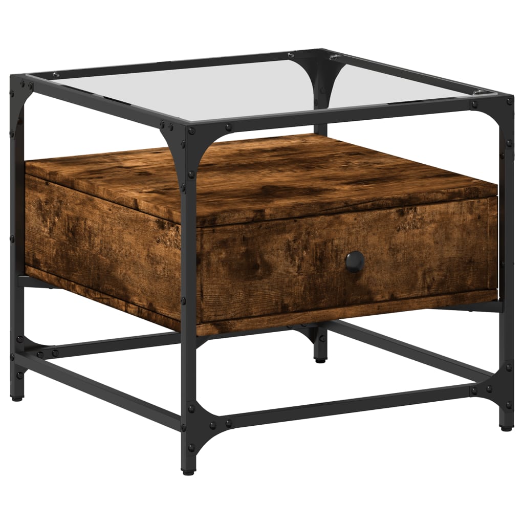 Mesa de centro, mesa baixa c/ topo de vidro 50x50x45 cm carvalho fumado aço