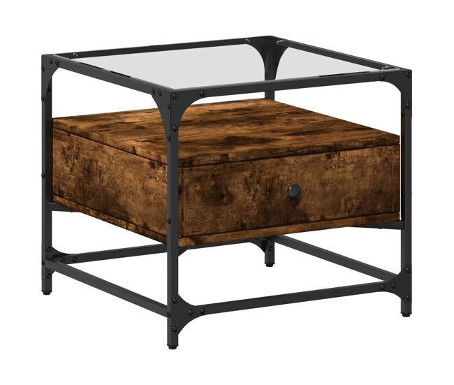Mesa de centro, mesa baixa c/ topo de vidro 50x50x45 cm carvalho fumado aço