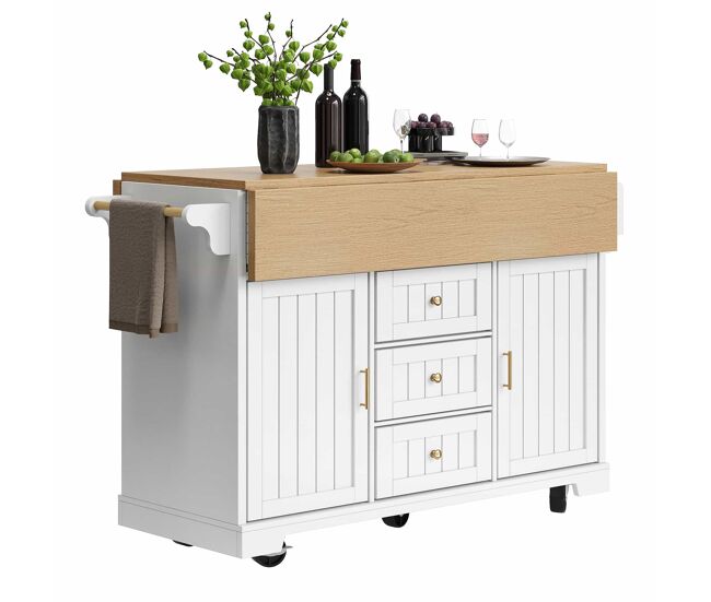 Ilha de cozinha 120x40x95 cm - carrinho com rodas, extensível, com suporte para toalhas e prateleira para especiarias - branco