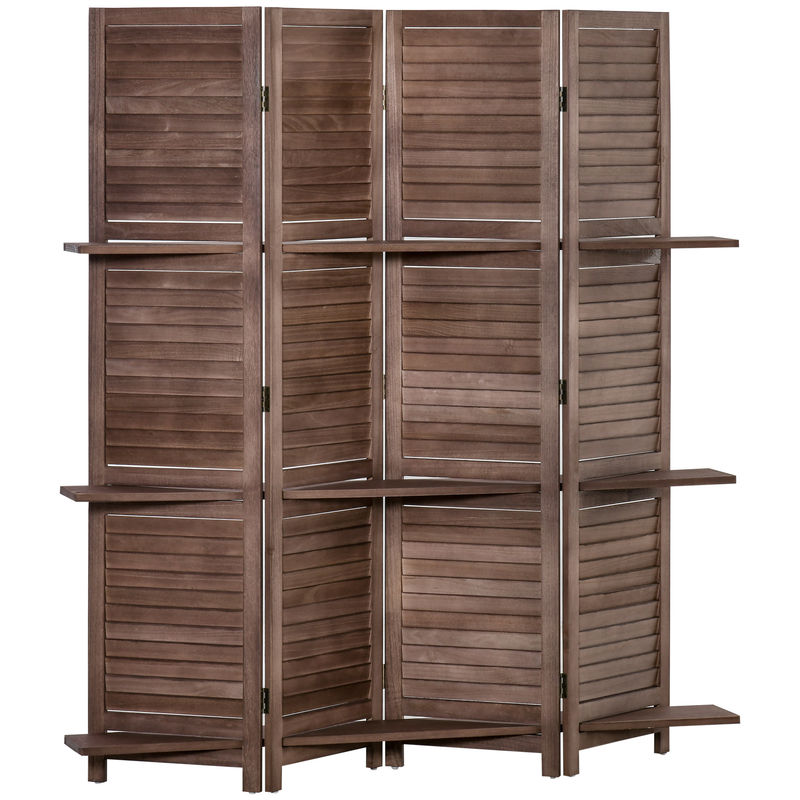 Homcom biombo dobrável de 4 painéis em madeira 162x170 cm com 3 étagères, estilo persianas, divisória para quarto e sala, cor nogueira