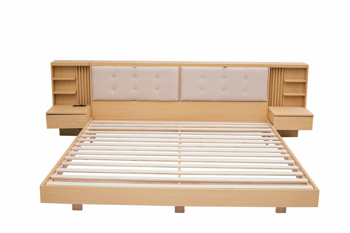 Cama flutuante 180x200 cm - com cabeceira com espaço de arrumação, porta usb, gavetas, prateleiras e estrutura estofada - natural