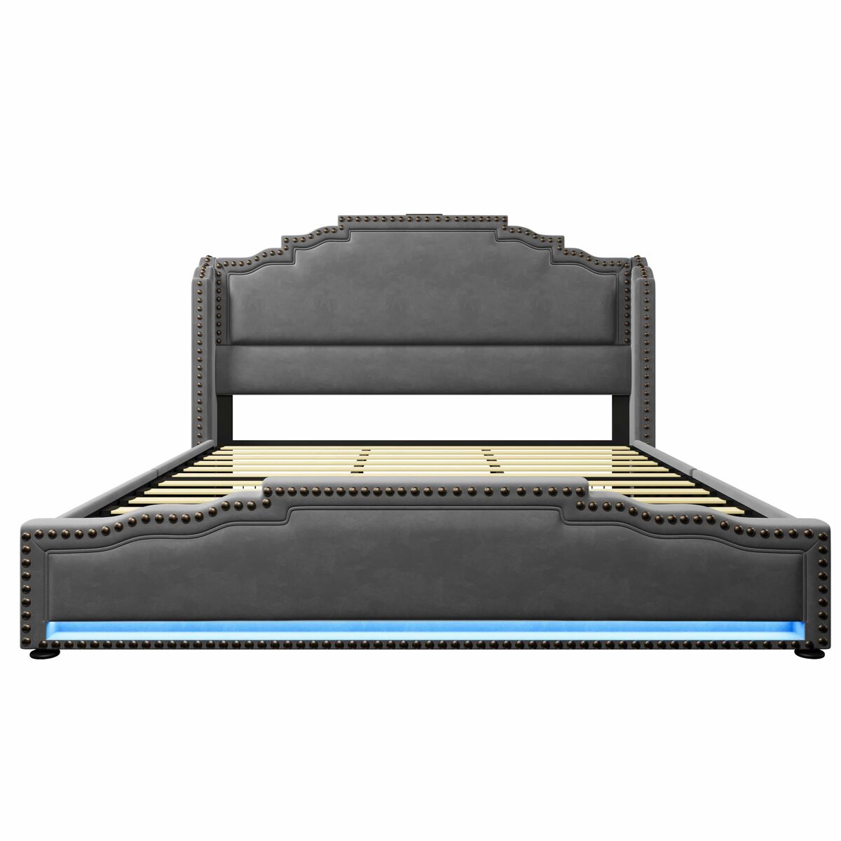 Cama estofada 180x200 - com 4 gavetas, iluminação led, porta de carregamento usb-c, base de lâminas, espaço de arrumação - cinzenta