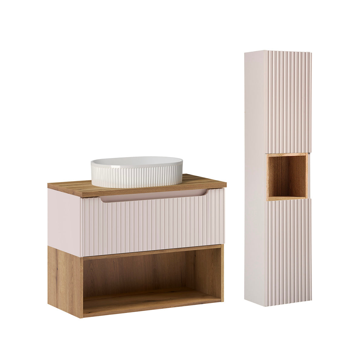 Conjunto móvel lavatório simples 80cm e enceinte riva caxemira e madeira
