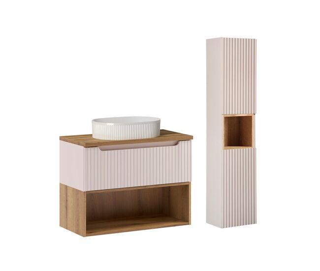Conjunto móvel lavatório simples 80cm e enceinte riva caxemira e madeira