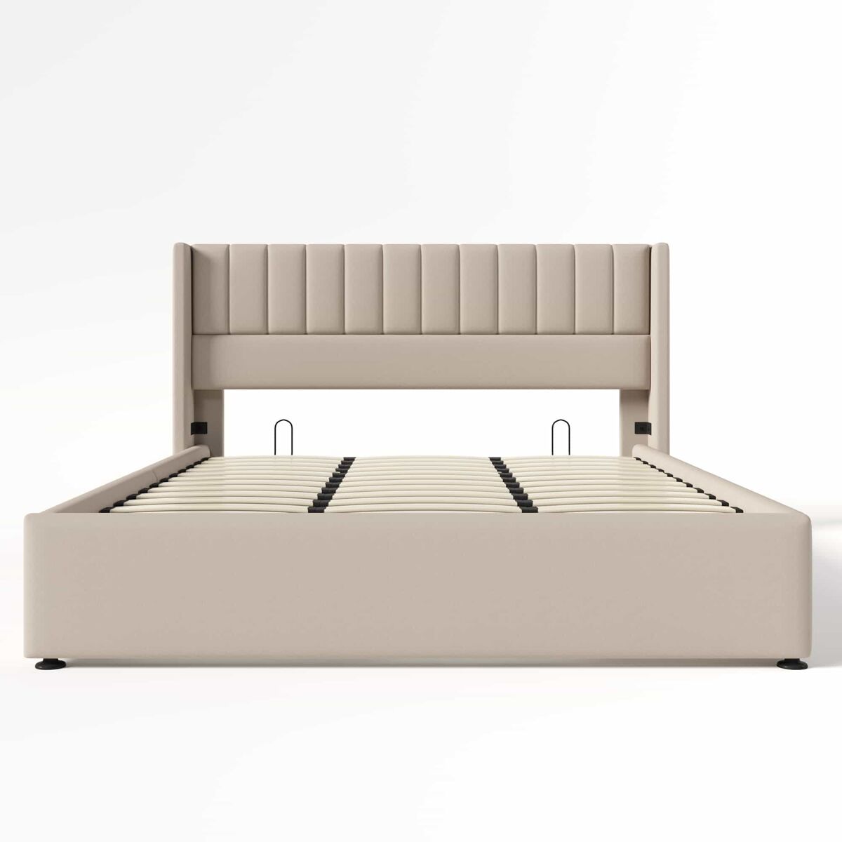 Cama estofada com arrumação hidráulica 180x200 cm - base em madeira e estrutura metálica, linho - bege