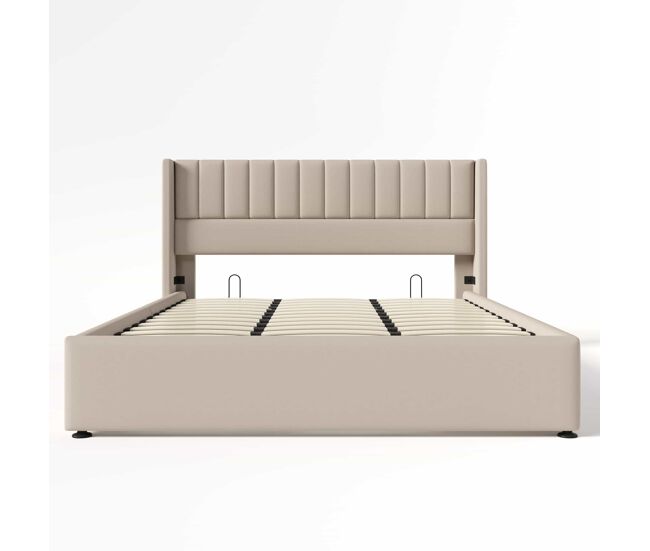 Cama estofada com arrumação hidráulica 180x200 cm - base em madeira e estrutura metálica, linho - bege