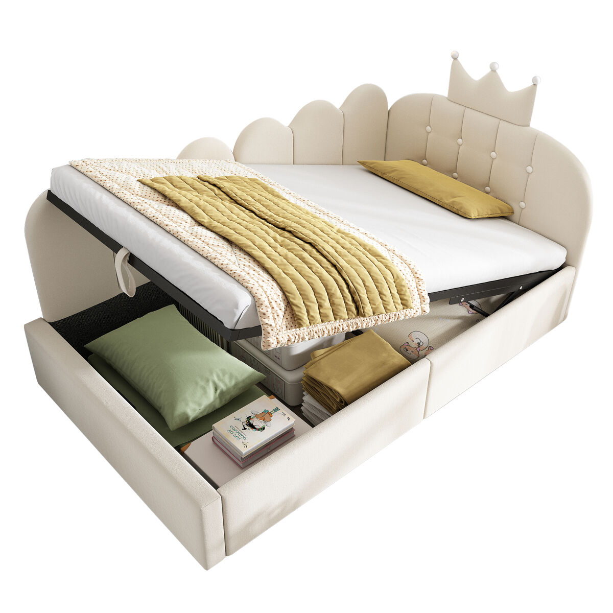 Cama de criança,cama de solteiro de veludo 90x200 cm com armazenamento,bege
