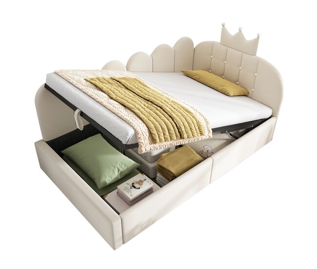 Cama de criança,cama de solteiro de veludo 90x200 cm com armazenamento,bege