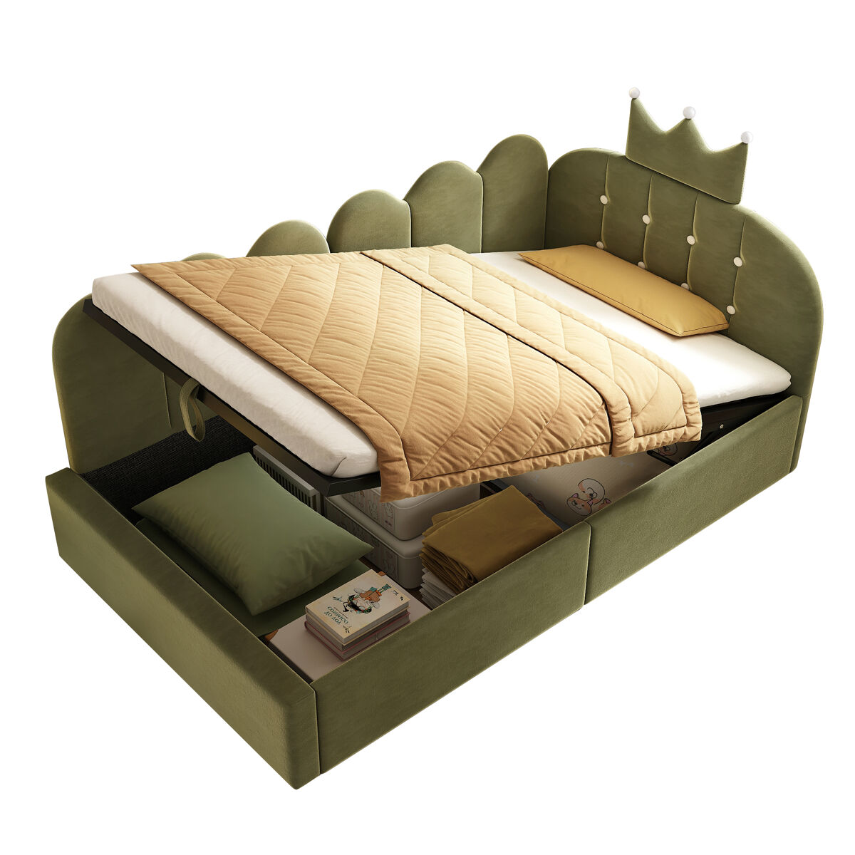 Cama de criança,cama de solteiro de veludo 90x200 cm com armazenamento,verde