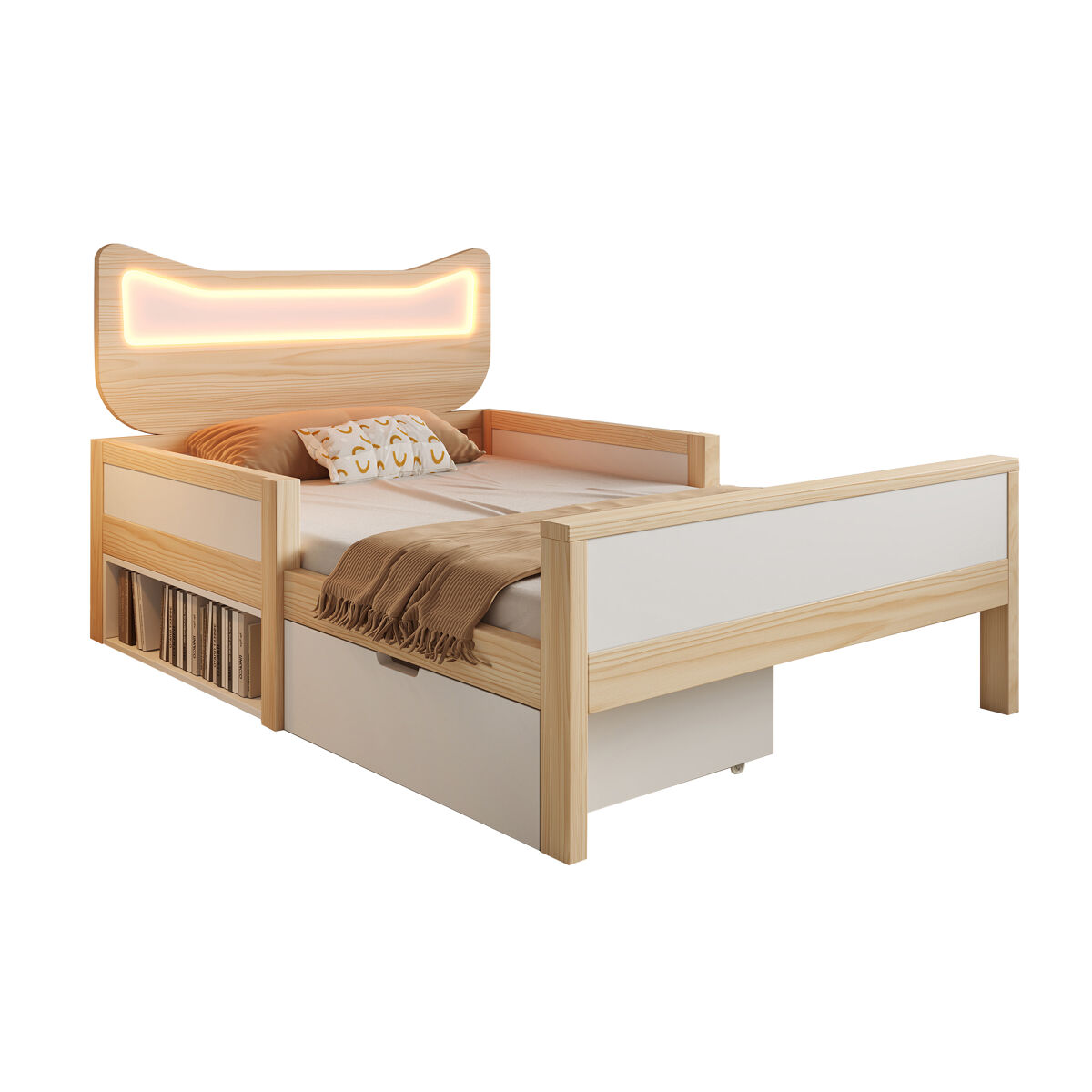 Cama de criança,cama de solteiro de madeira maciça 90x200 cm com luz led,natural+branco