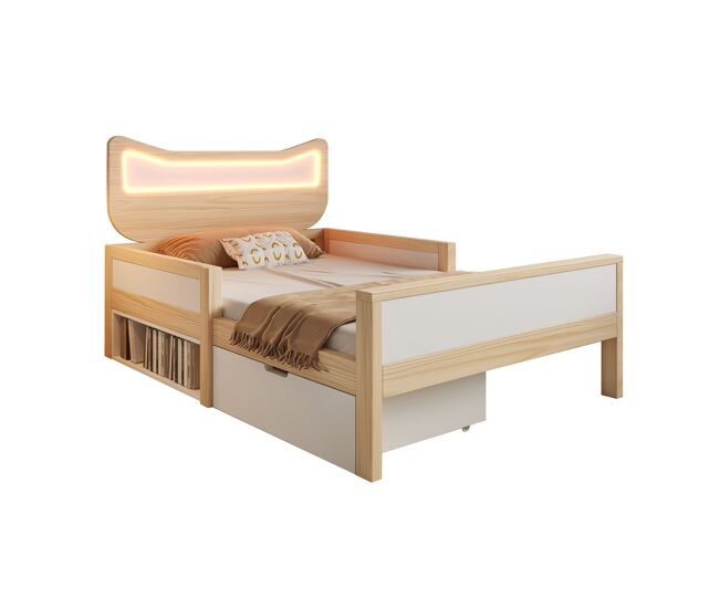 Cama de criança,cama de solteiro de madeira maciça 90x200 cm com luz led,natural+branco