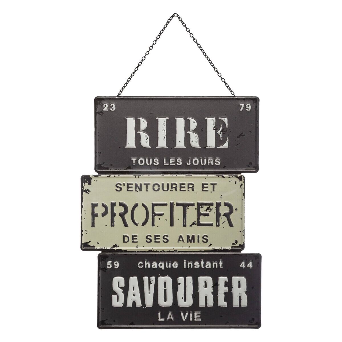 Placa de metal decorativa estilo vintage com mensagem.