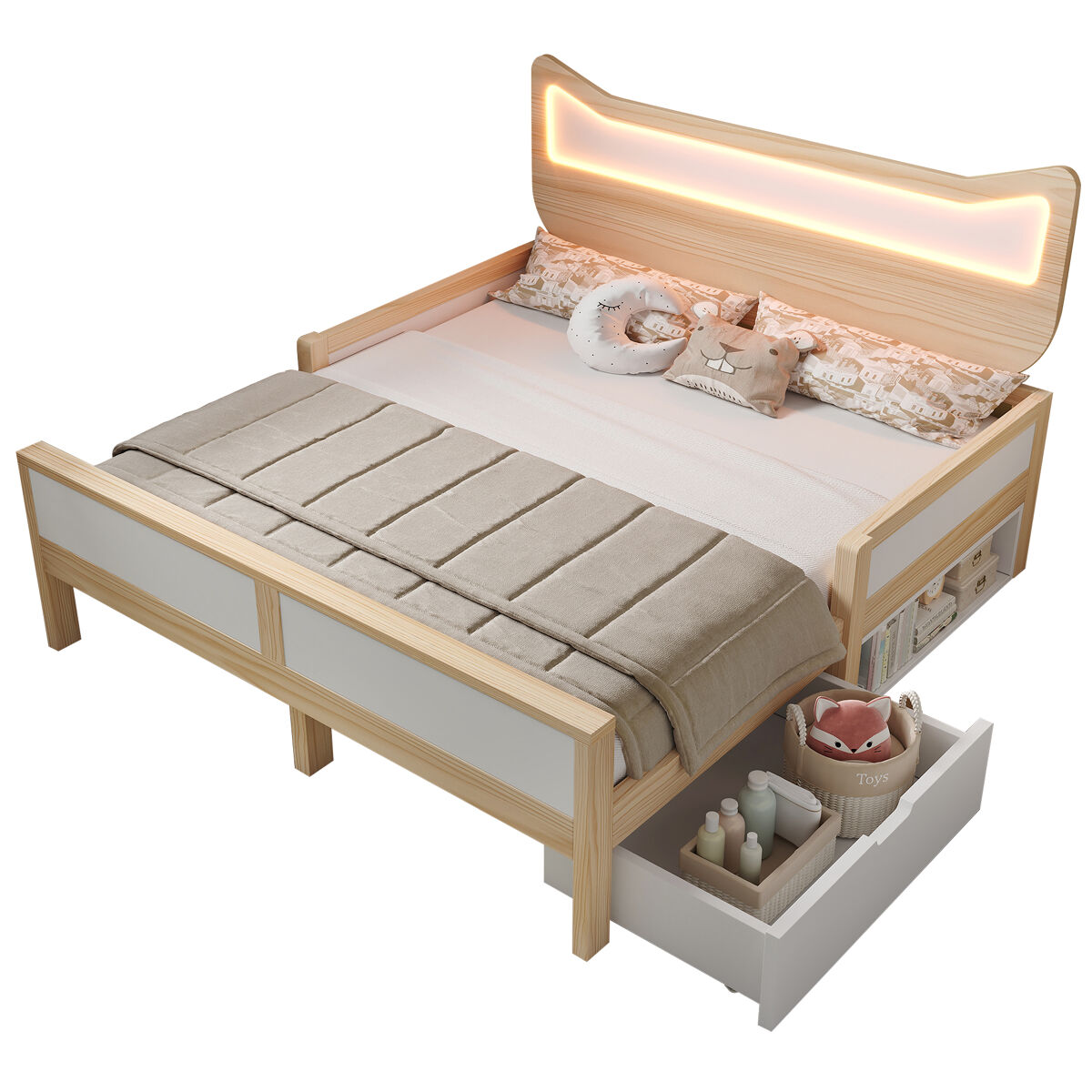 Cama de criança,cama de casal de madeira maciça 140x200 cm com luz led,natural+branco