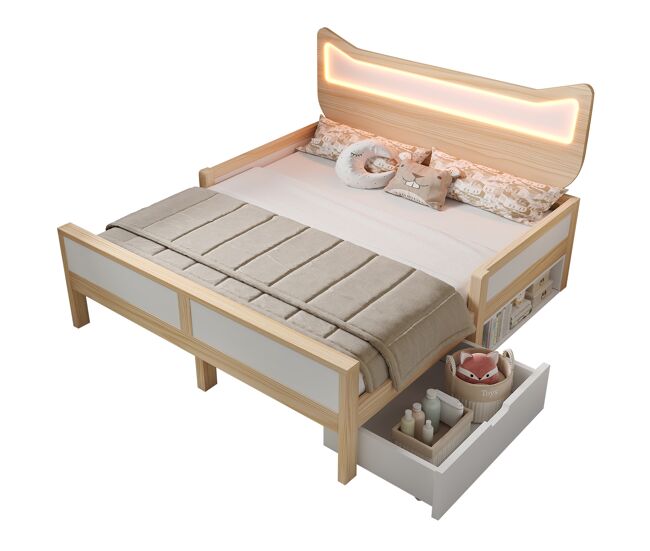 Cama de criança,cama de casal de madeira maciça 140x200 cm com luz led,natural+branco