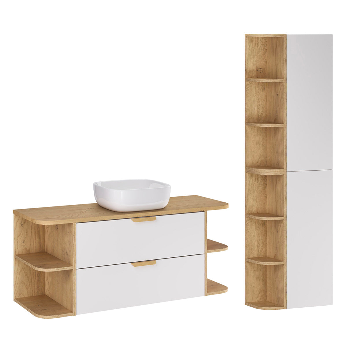 Conjunto móvel lavatório simples 120cm nichos arredondados e enceinte oria blanc mate