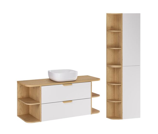 Conjunto móvel lavatório simples 120cm nichos arredondados e enceinte oria blanc mate