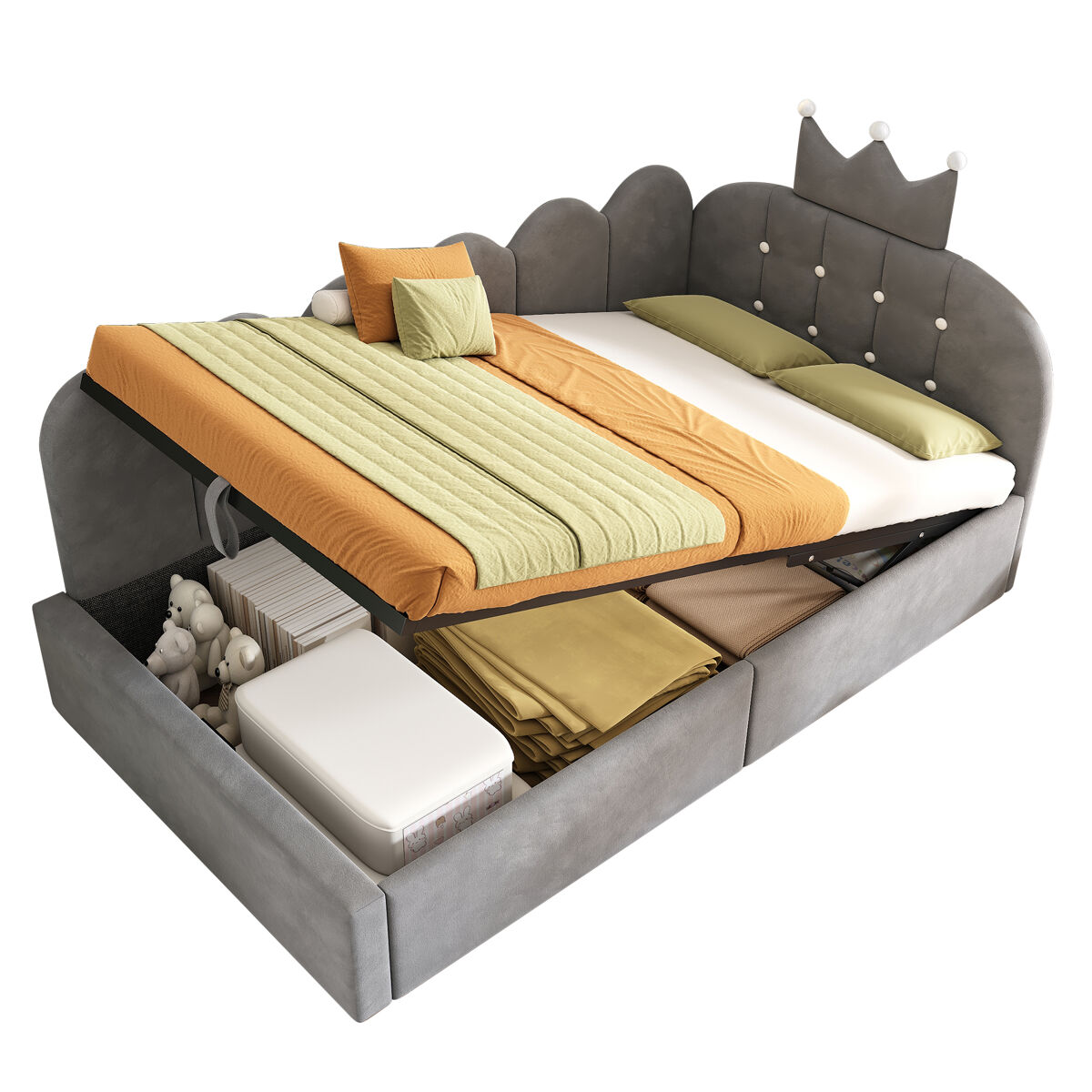Cama de criança,cama de solteiro de veludo 90x200 cm com armazenamento,cinza
