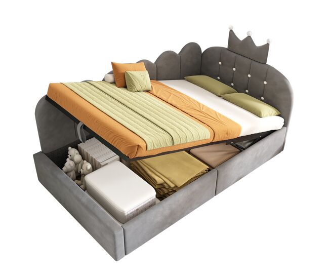 Cama de criança,cama de solteiro de veludo 90x200 cm com armazenamento,cinza