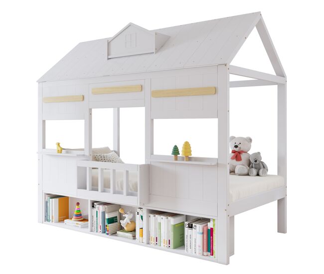 Cama de criança,cama-casa de madeira maciça 90x200 cm,branco