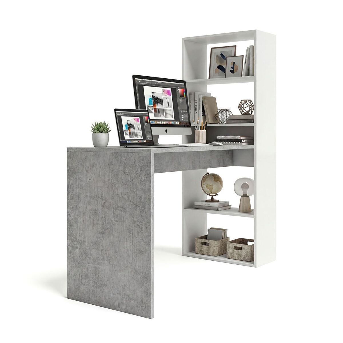 Secretária com estante 120 x 50 cm cosmic branco artik (branco mate) - cinzento cimento 120 x 71 x 53 cm