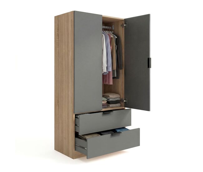Armário com 2 portas e 2 gavetas, 81,5 x 180 cm, lark roble canadian - grafito 81,5 x 180 x 52 cm