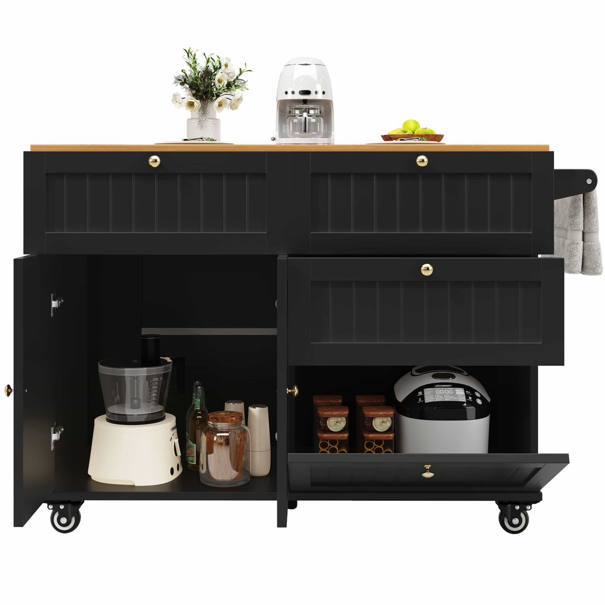 Ilha de cozinha moderna 120x60x90 cm - buffet, mesa multifuncional com arrumação, carrinho de cozinha com étagères extensíveis - noir