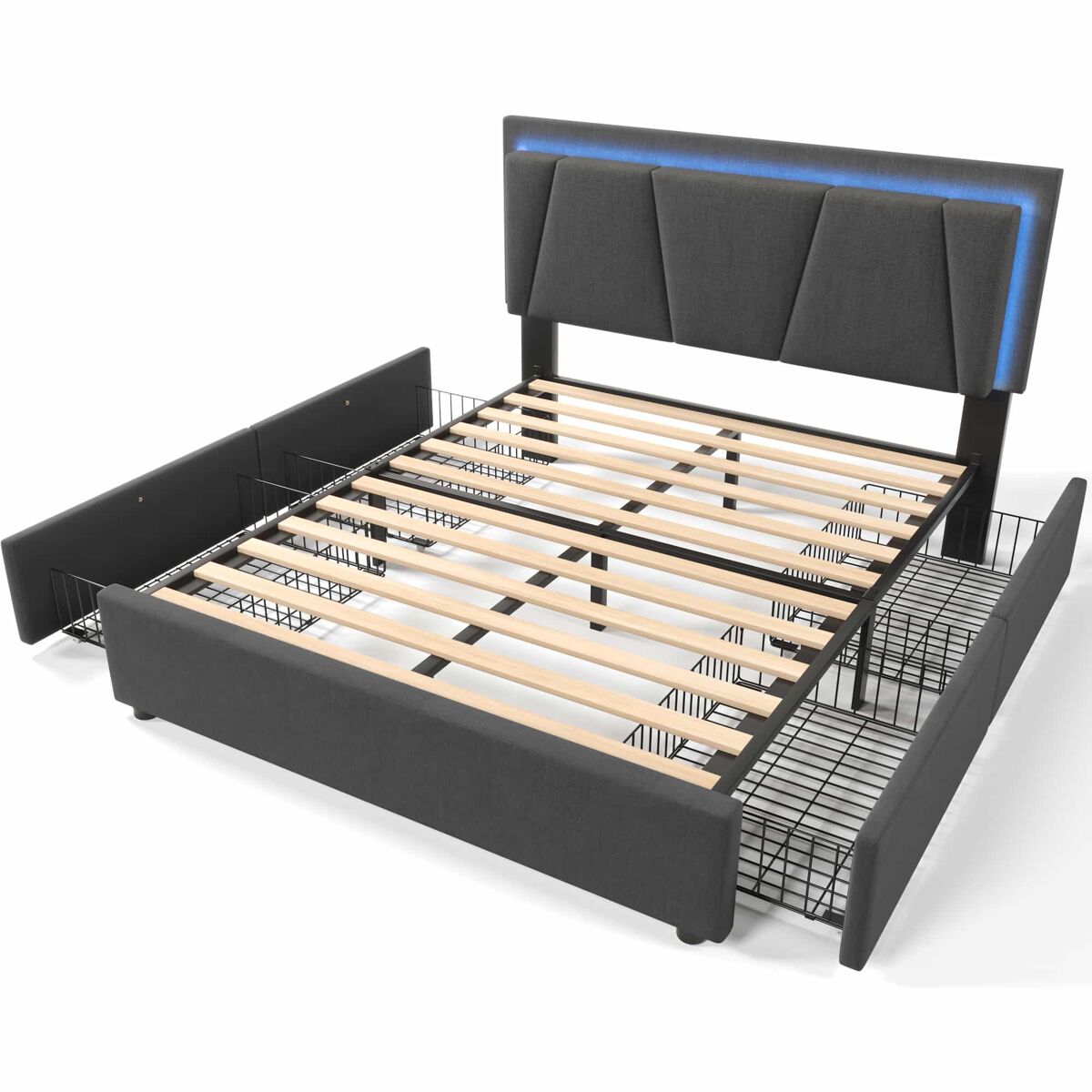 Cama estofada 160x200 cm - led, 4 gavetas, cabeceira ajustável, base de madeira - cinza