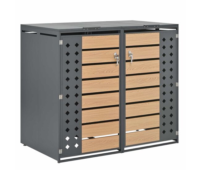 Caixa para lixo - 2 portas, com fechadura, tampa basculante, painel da porta em forma de diamante - cinza, madeira