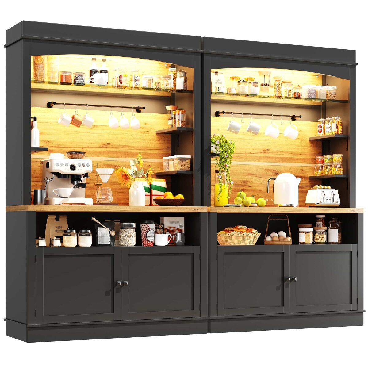 Armário de cozinha alto 107x43x184 cm - vitrine com led e prateleiras abertas - preto