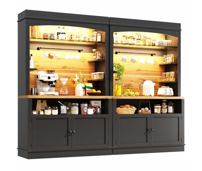 Armário de cozinha alto 107x43x184 cm - vitrine com led e prateleiras abertas - preto