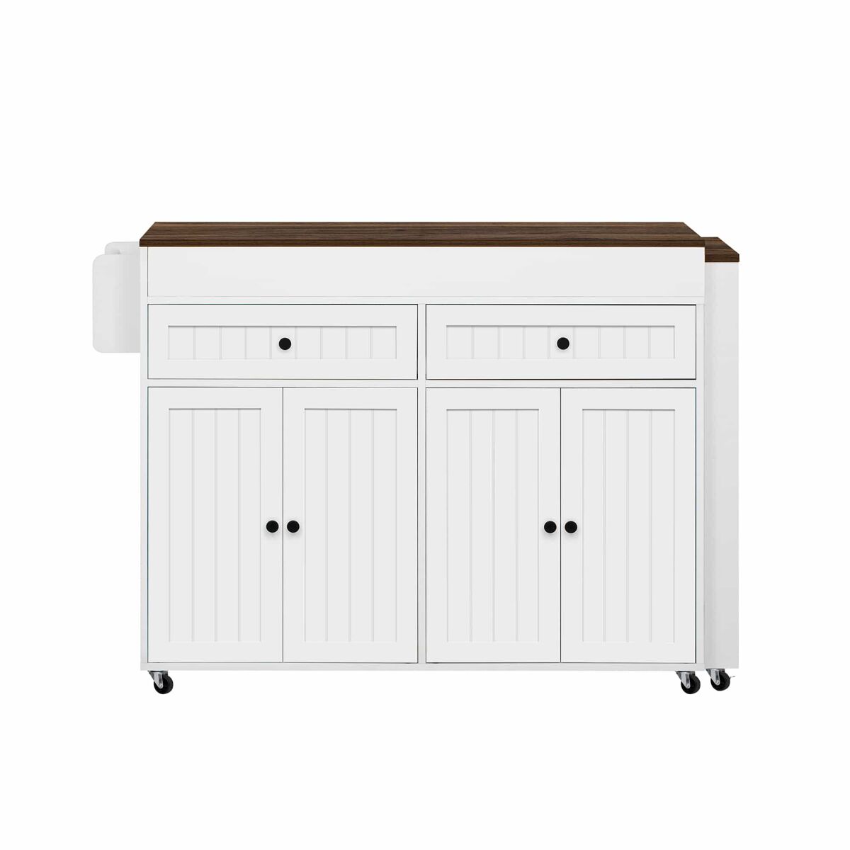 Ilha de cozinha móvel 112-180,5×45×92,2 cm - com área de jantar extensível, com bancada e gavetas - branco + nogueira