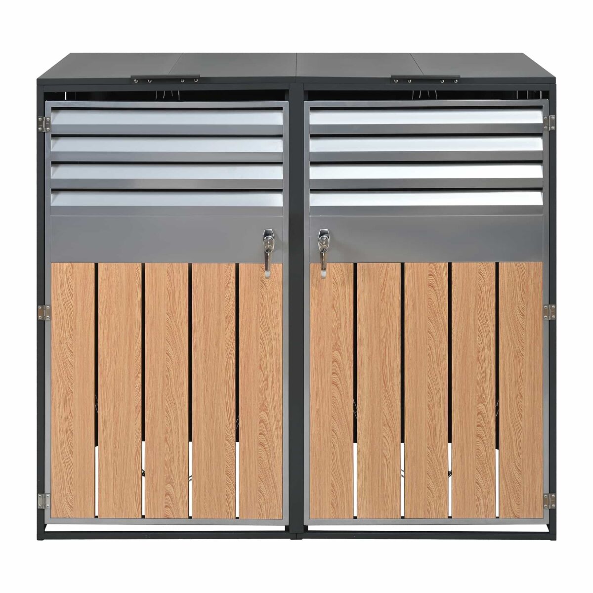 Contentor do lixo 132x80x118,5 cm - com tampa basculante, ventilação com ripas, compartimentos para lixo, com fechadura, duas portas - cinza, madeira