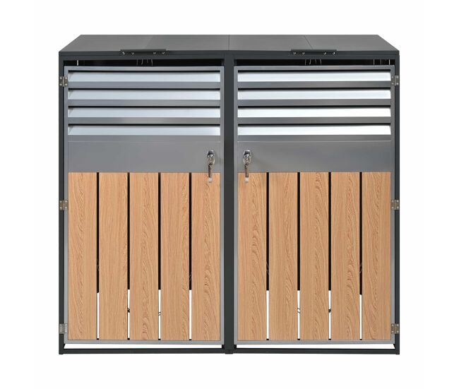 Contentor do lixo 132x80x118,5 cm - com tampa basculante, ventilação com ripas, compartimentos para lixo, com fechadura, duas portas - cinza, madeira
