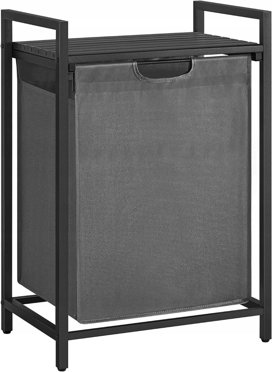 Prateleira de casa de banho com cesto de roupa suja, cinzento/preto