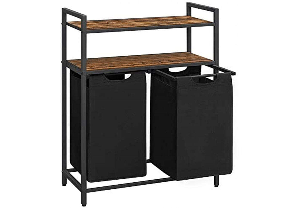 Prateleira de casa de banho com cestos de roupa suja 2 unidades, castanho/preto
