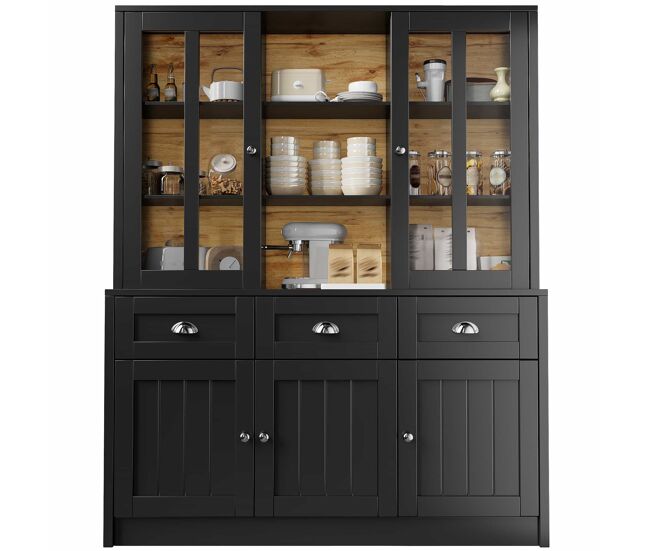 Armário alto 140x38,5x175 cm - vitrinenschrank, móvel de cozinha, armário de sala de jantar com gavetas, moderno e minimalista, para cozinha, sala de jantar, sala de estar - noir
