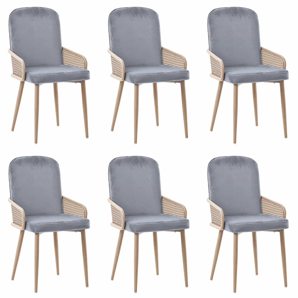 Conjunto de 6 cadeiras de veludo com braços de rotim - 4 pés de metal natural - cinzento