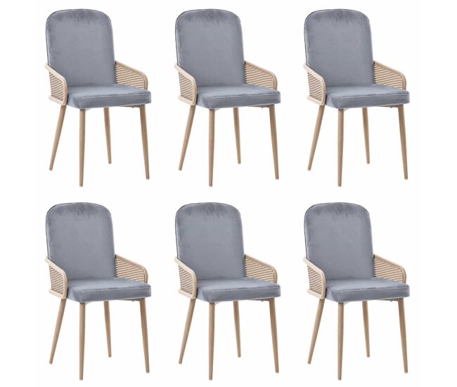 Conjunto de 6 cadeiras de veludo com braços de rotim - 4 pés de metal natural - cinzento
