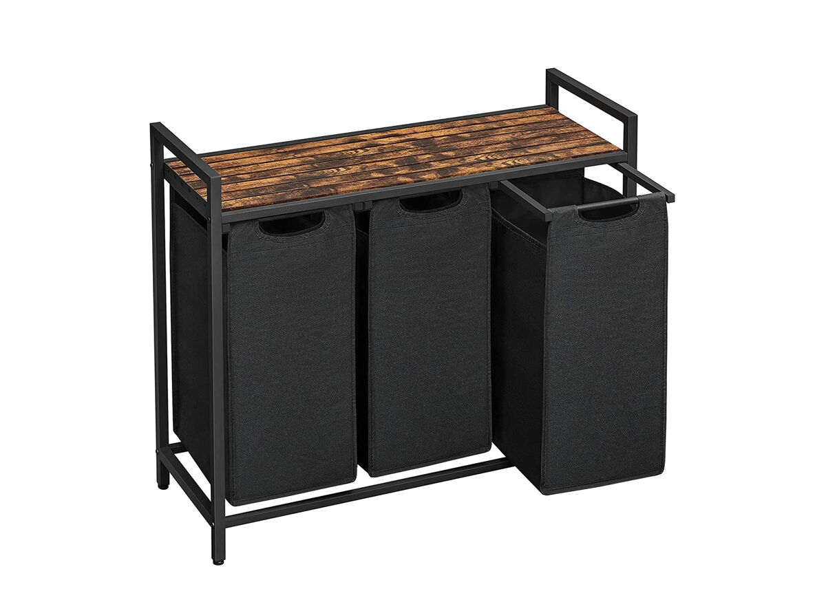 Prateleira de casa de banho com cesto de roupa 3 unidades, castanho/preto
