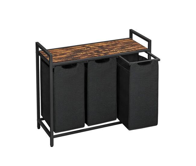 Prateleira de casa de banho com cesto de roupa 3 unidades, castanho/preto
