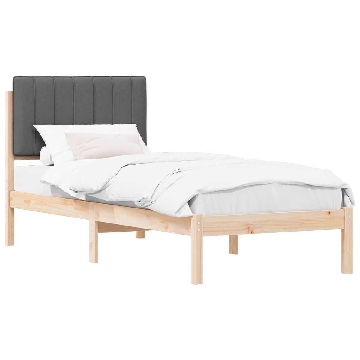 Estrutura de cama de solteiro para adultos com cabeceira estofada cinza escuro