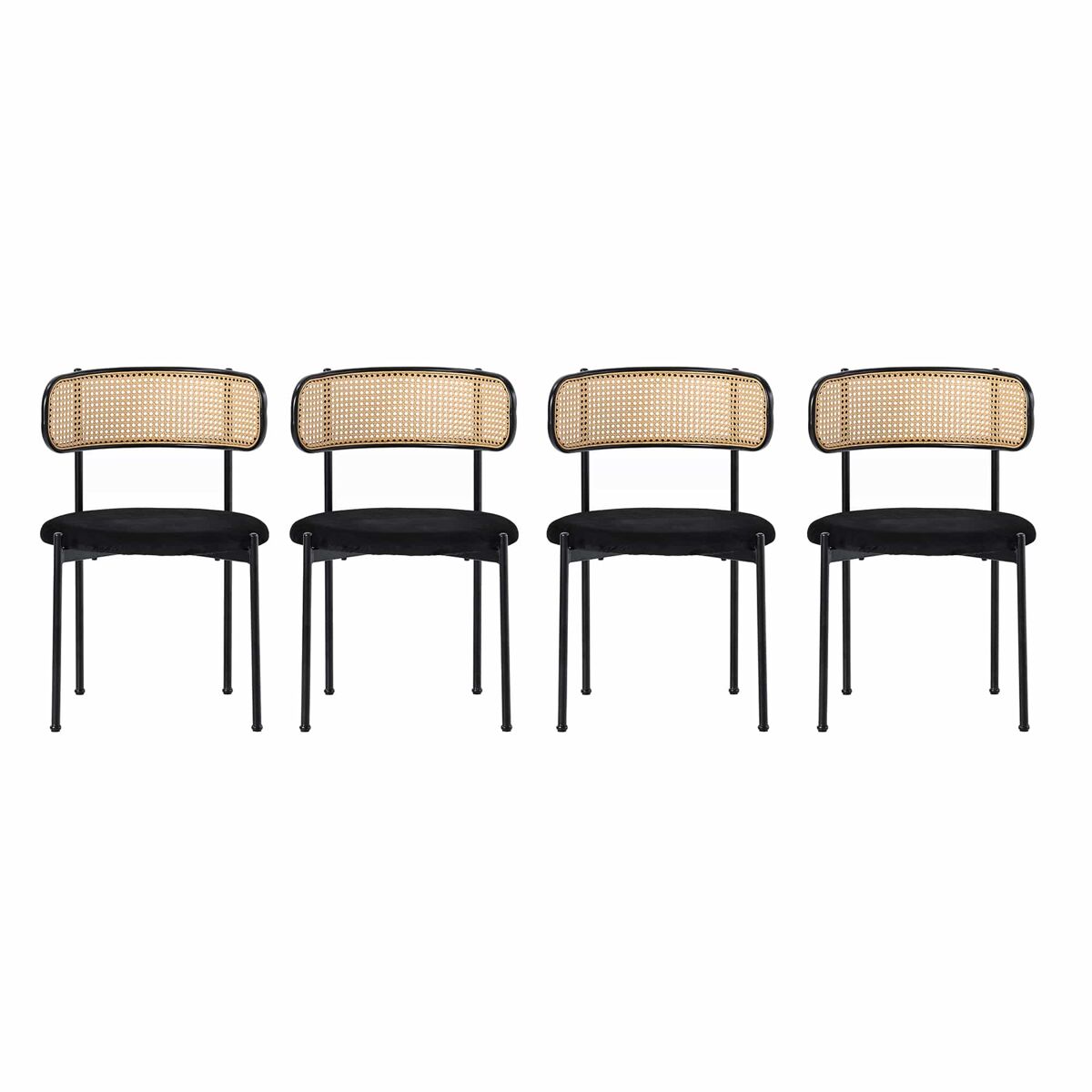 Conjunto de 4 cadeiras de veludo e rotim - pernas de metal - preto