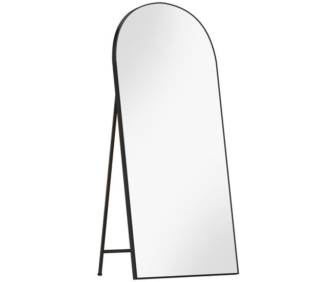 Homcom espelho de corpo inteiro 180x80 cm espelho de pé arqueado moldura de alumínio preto independente apoiado e de parede para quarto sala de estar
