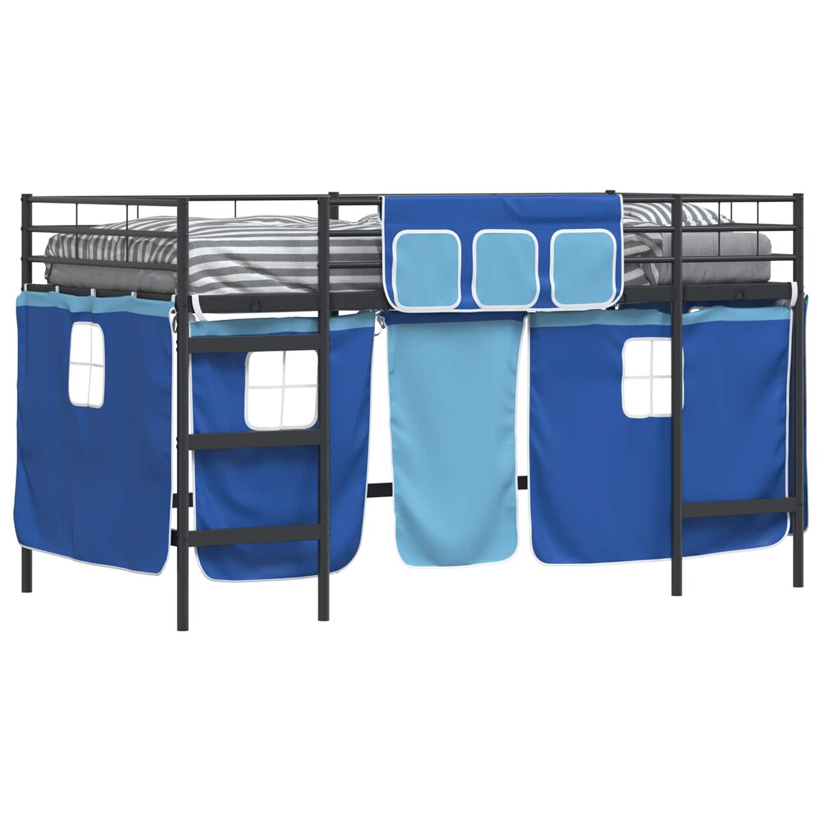 Estrutura de cama infantil loft para crianças com cortinas preto e azul